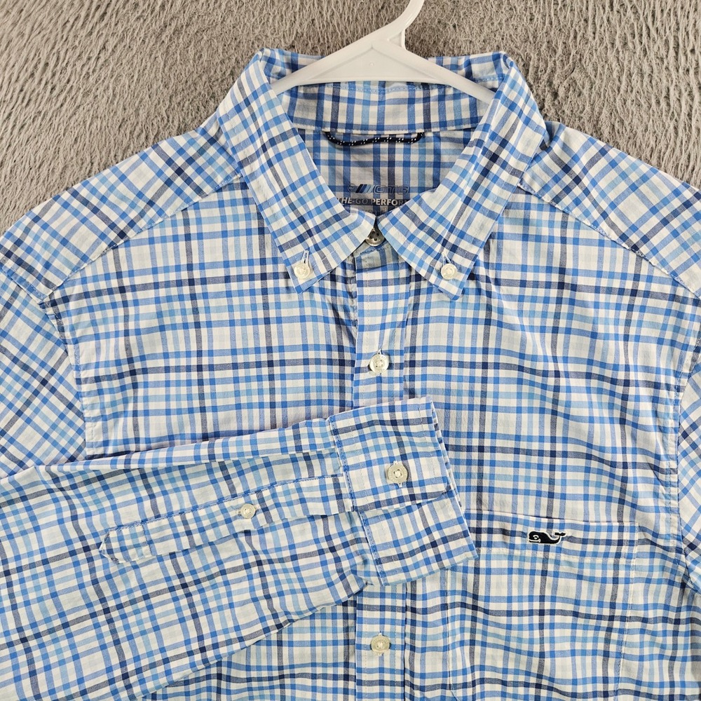 Vineyard Vines OTG Performance Shirt Mens Small Blue White Plaid Stretch 24591